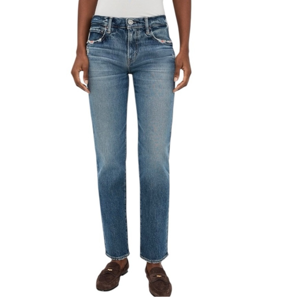 MOUSSY VINTAGE Women's Distressed Howa Jeans Raw Hem Button Fly Straight Blue 27